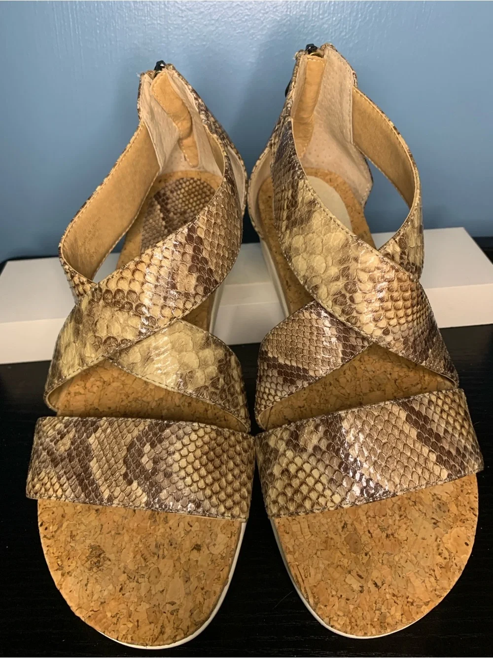 Adrienne Vittadini Snake-Print Cork Wedge Sandals - Brown/Tan